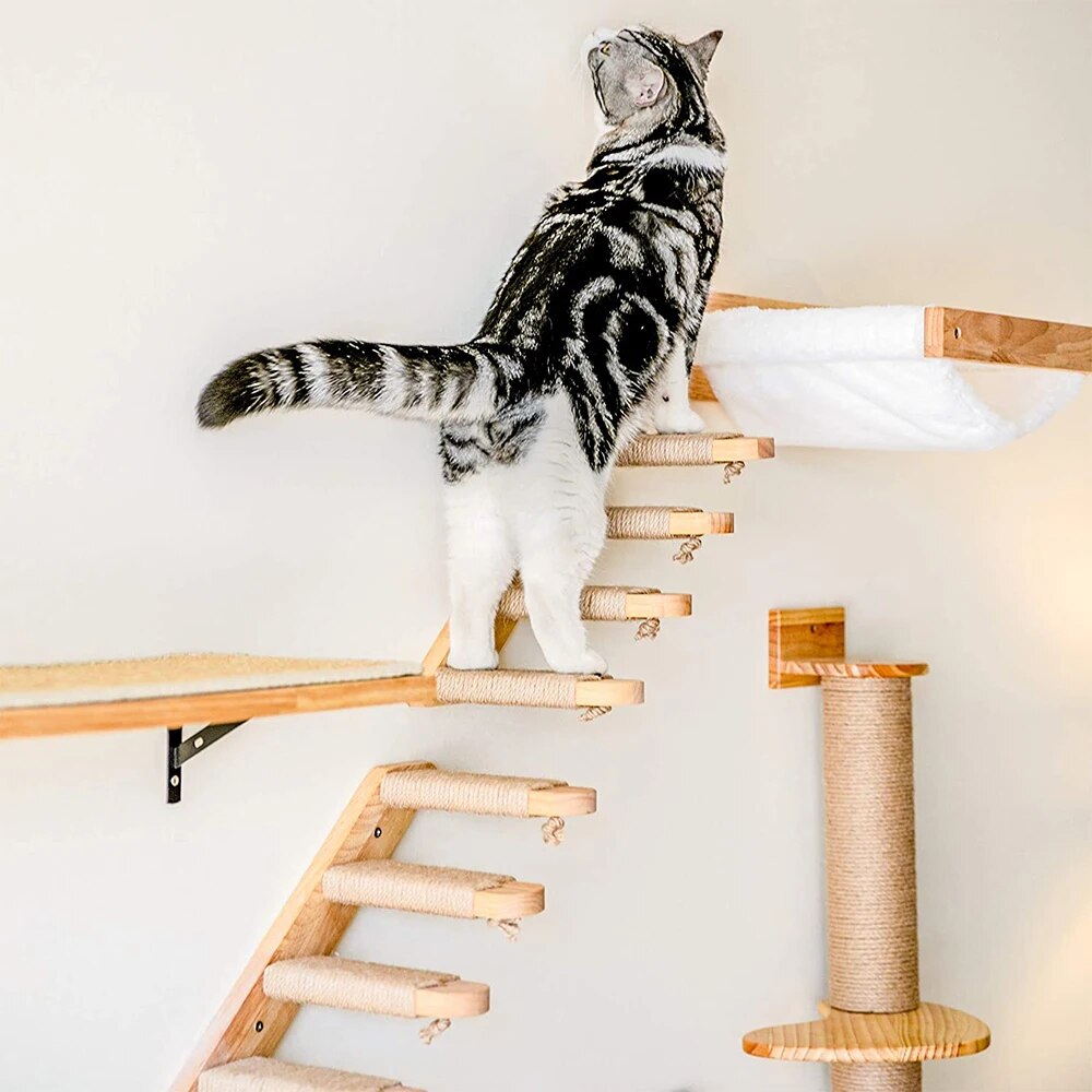 Cat Climbing Shelf Wall Mounted Four Step Stairway with Sisal Scratching Post for Cats Tree Perch Platform Jumping Furniture